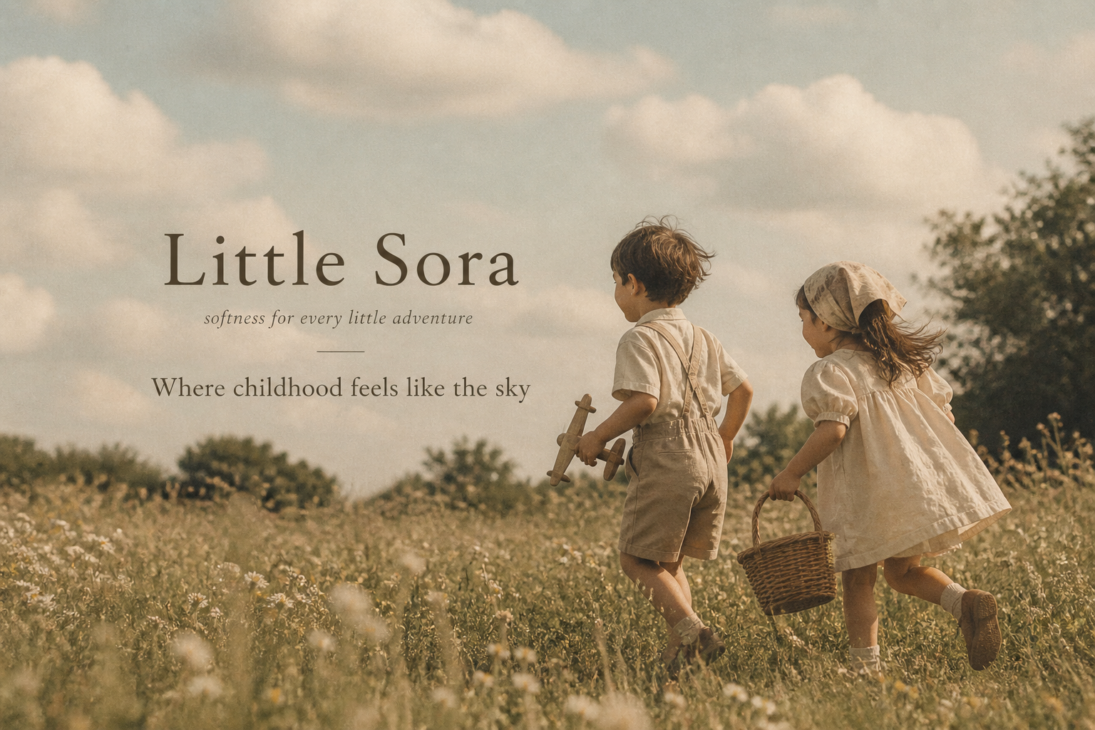Two children running in a field with 'Little Sora' branding.