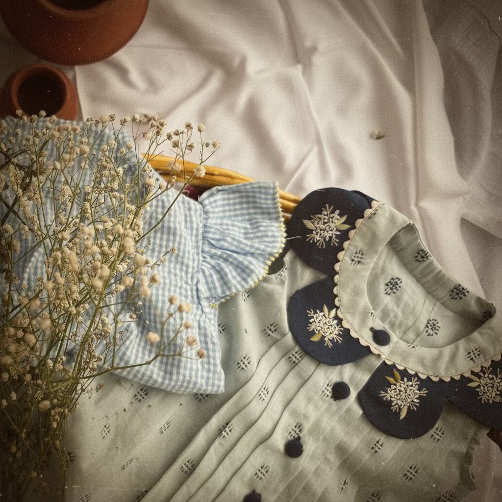 Textile with floral patterns and dried flowers on a white fabric background